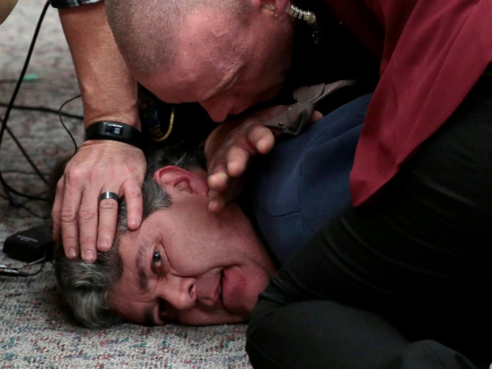 PHOTO: Eaton County Sheriffs restrain Randall Margraves after he lunged at Larry Nassar during victim statements of his sentencing in the Eaton County Circuit Court in Charlotte, Mich., Feb. 2, 2018.