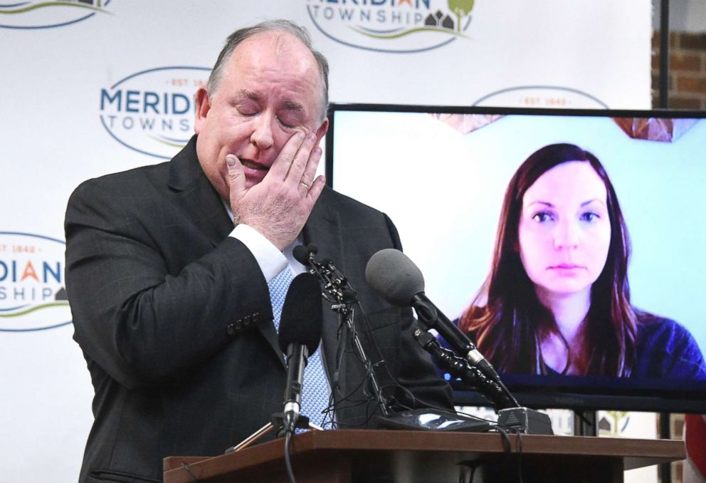 Brianne Randall-Gay listens-in from Seattle via Skype, as Meridian Township Manager Frank Walsh tears-up while making a public apology on Feb. 1, 2018, for the police department's failure to investigate Larry Nassar in 2004 when she she was molested. 