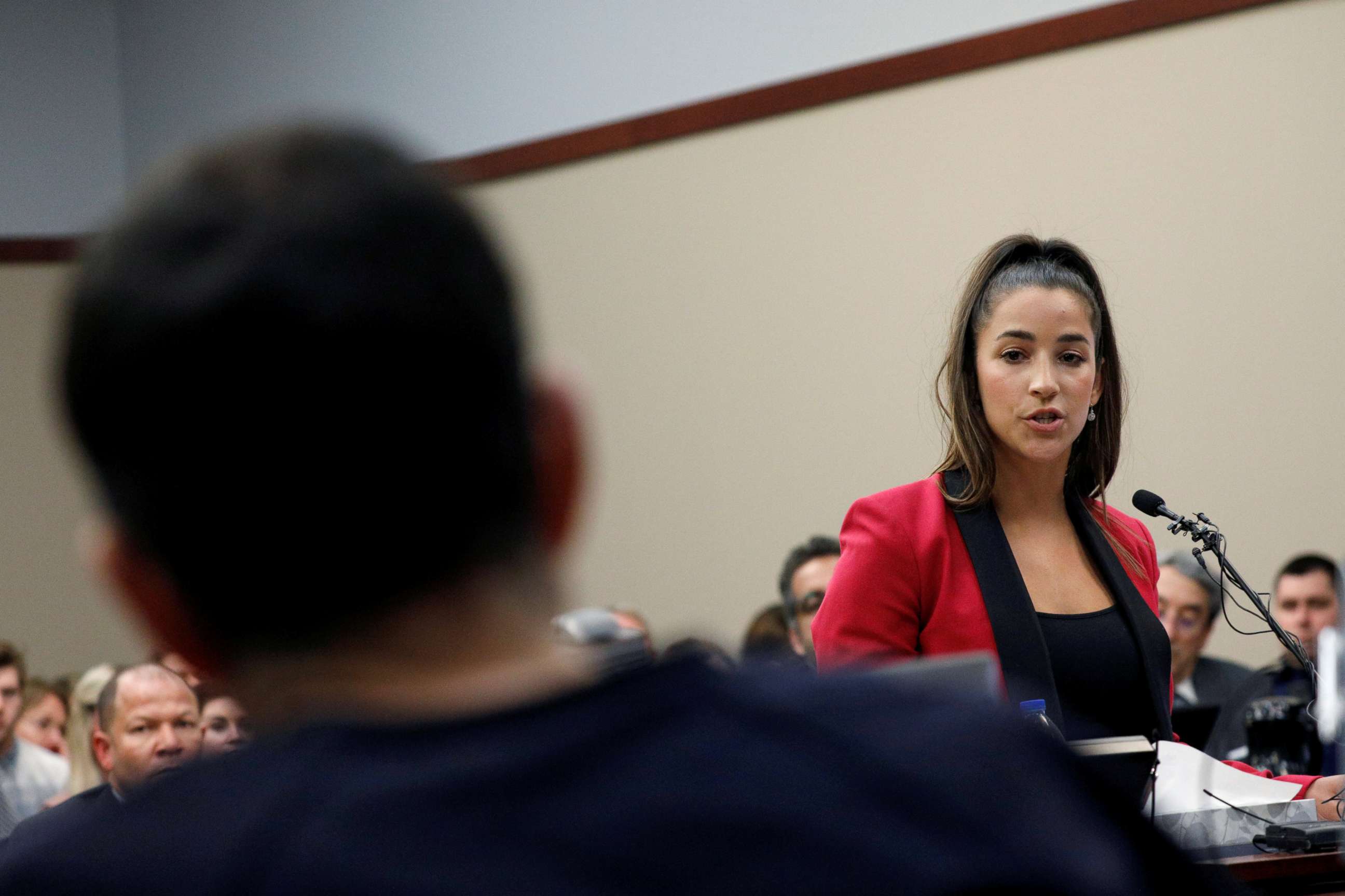PHOTO: Olympic gold medalist Aly Raisman speaks at the sentencing hearing for Larry Nassar in Lansing, Mich., Jan. 19, 2018.