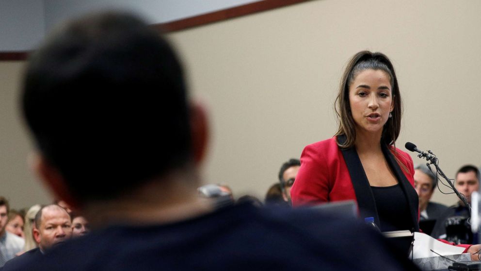 Olympic gold medalist Aly Raisman speaks at the sentencing hearing for Larry Nassar in Lansing, Mich., Jan. 19, 2018.