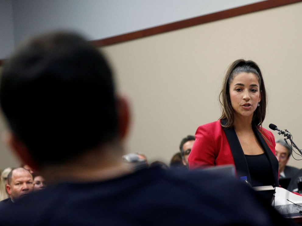 PHOTO: Olympic gold medalist Aly Raisman speaks at the sentencing hearing for Larry Nassar in Lansing, Mich., Jan. 19, 2018.