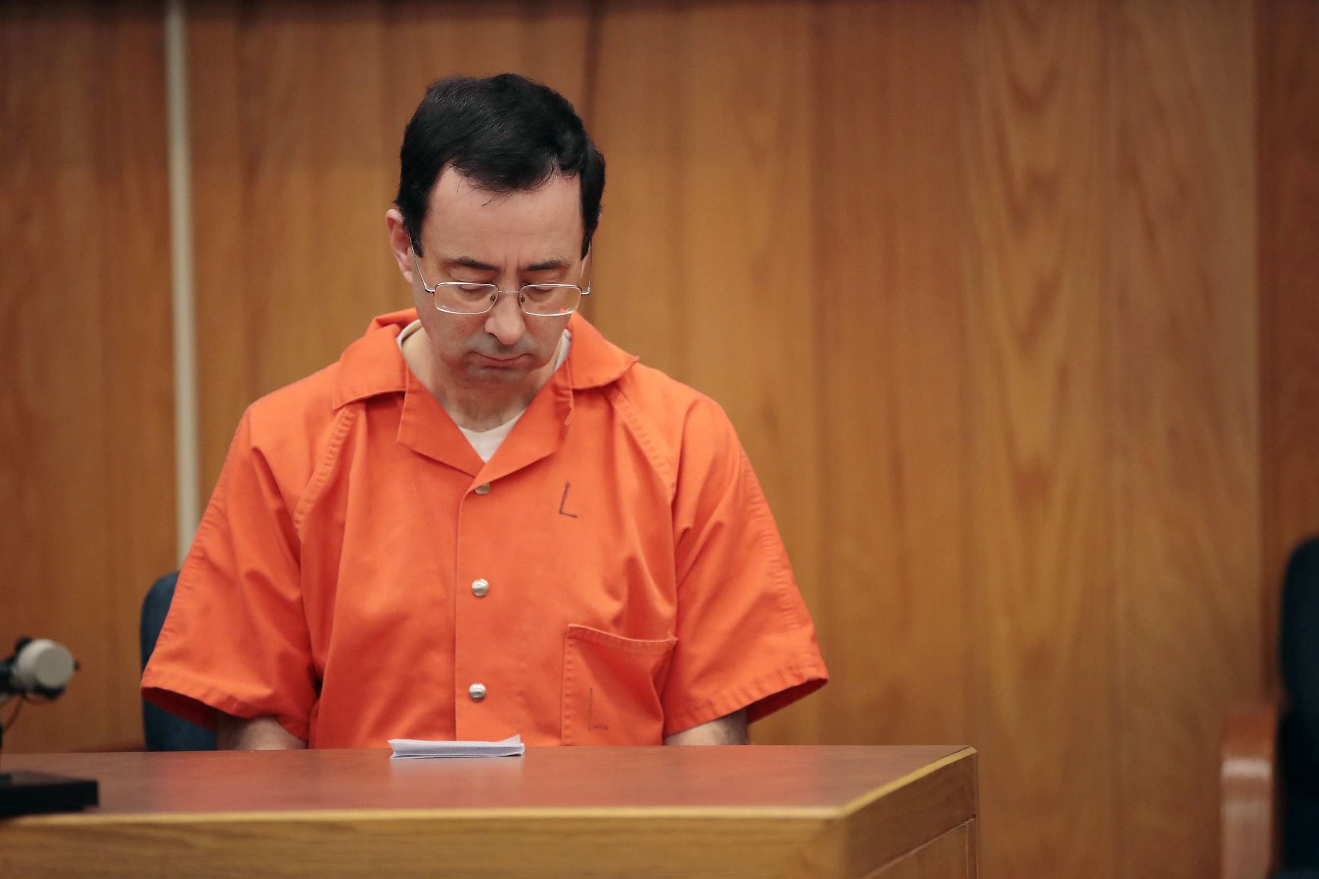 PHOTO: In this Feb. 5, 2018 file photo Larry Nassar sits in court listening to statements before being sentenced by Judge Janice Cunningham for three counts of criminal sexual assault in Eaton County Circuit Court in Charlotte, Mich.