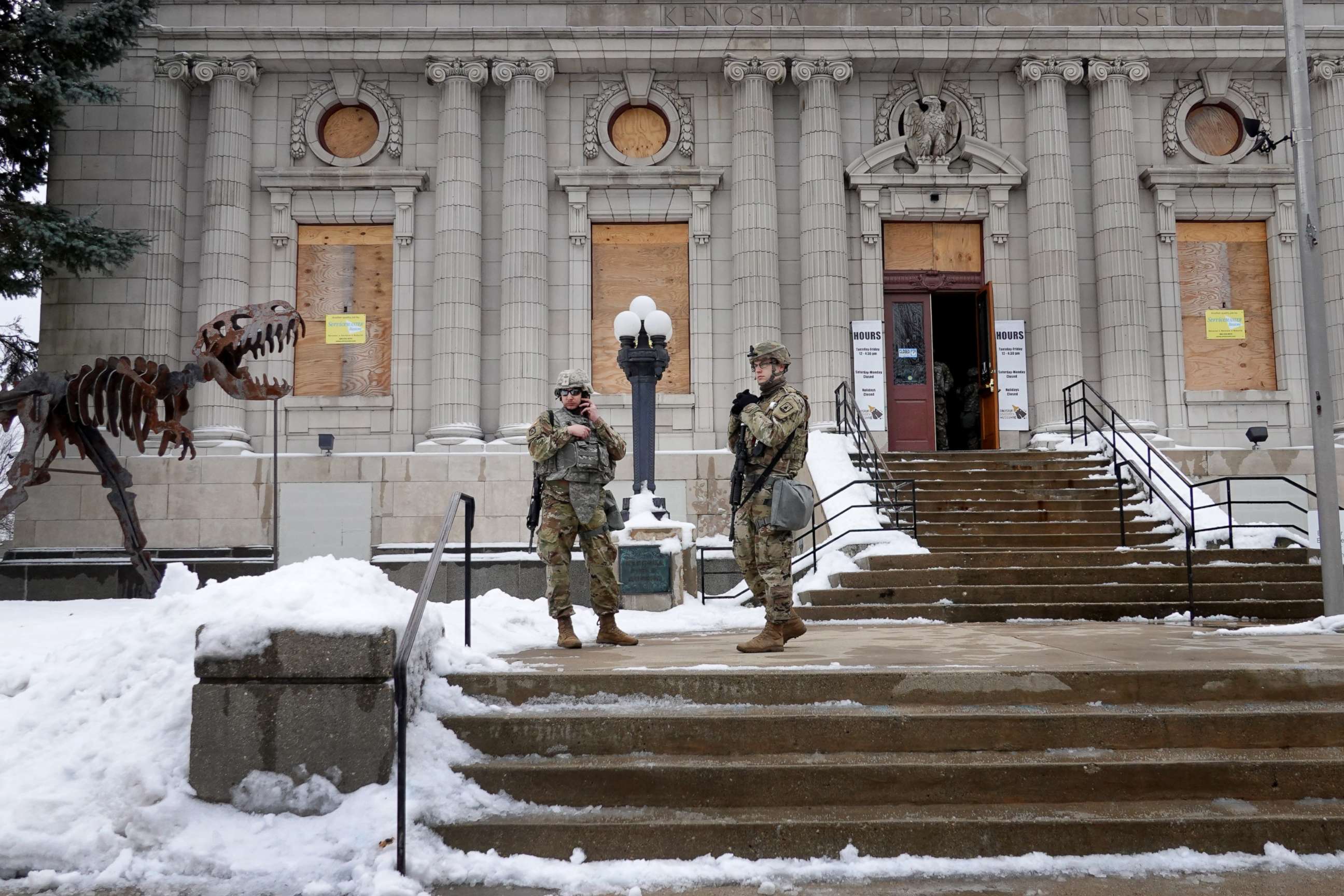 PHOTO: National guard troops stand guard near of the Kenosha County Courthouse as they wait for an announcement from the Kenosha district attorney on whether charges would be filed in the shooting of Jacob Blake, Jan. 5, 2021, in Kenosha, Wis.