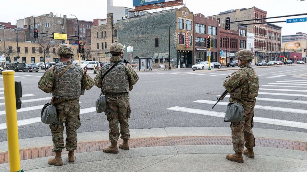 PHOTO: Members of the National Guard on duty in Minneapolis, April 18, 2021, ahead of the verdict in the Derek Chauvin trial.