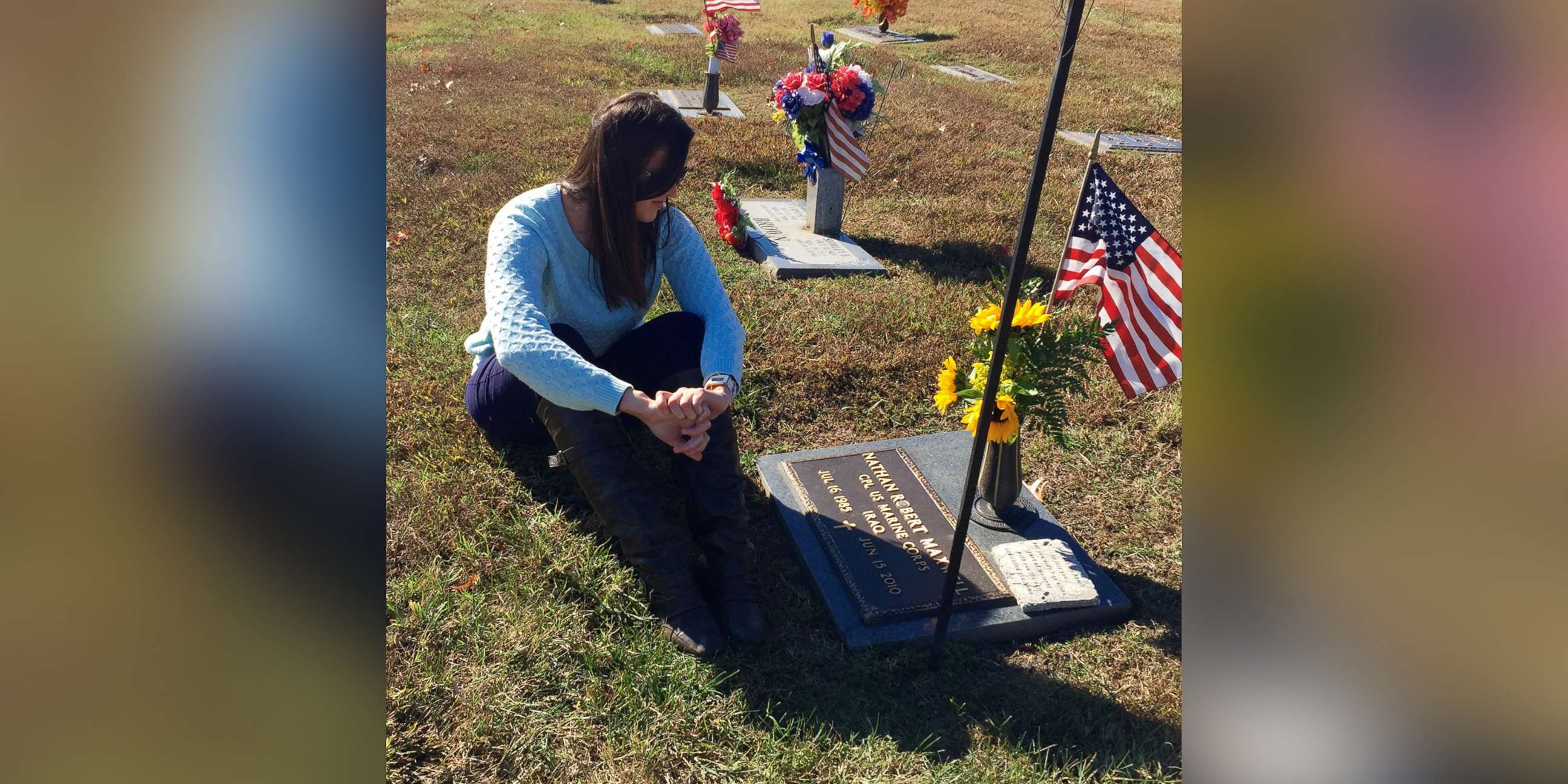 PHOTO: Kylynn Maxwell sits at her late husband Marine Corporal Nathan Maxwell's grave site.
