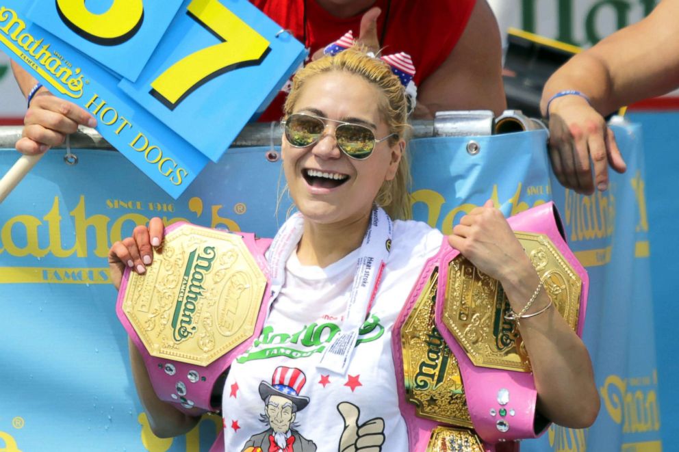 PHOTO: Miki Sudo celebrates after winning the women's annual Nathan's Hot Dog Eating Contest on July 4, 2018 in Coney Island.