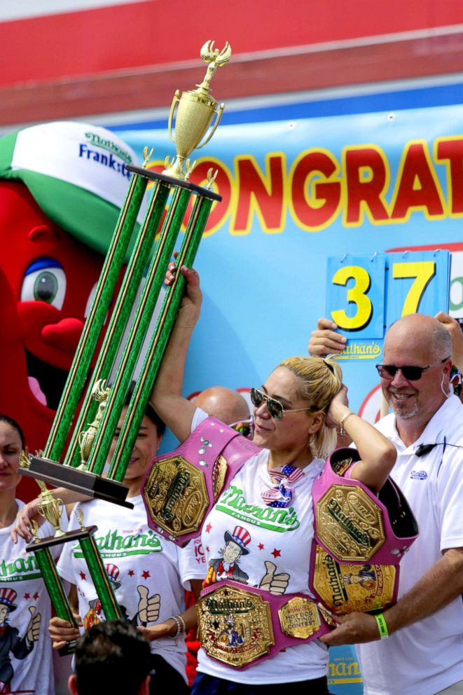 PHOTO: Miki Sudo holds her trophy after winning the women's annual Nathan's Hot Dog Eating Contest on July 4, 2018 in Coney Island.