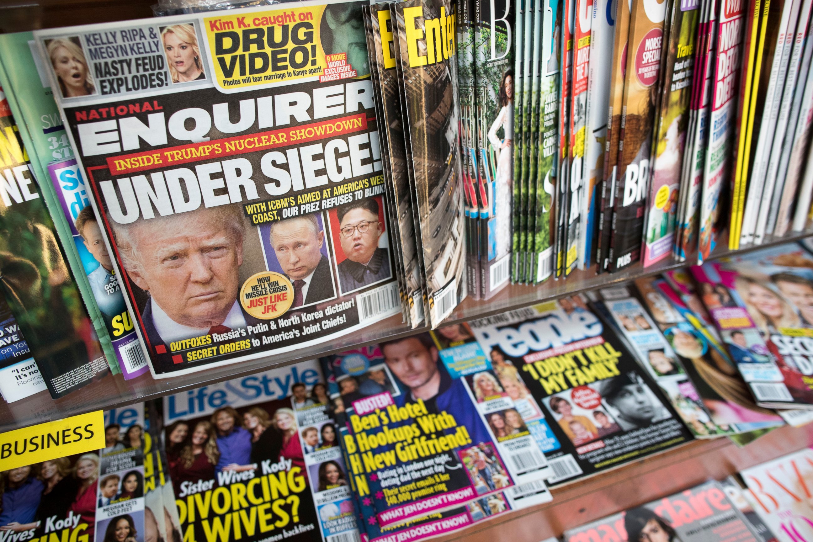 PHOTO: This July 12, 2017 file photo shows an issue of the National Enquirer featuring President Donald Trump on its cover at a store in New York.