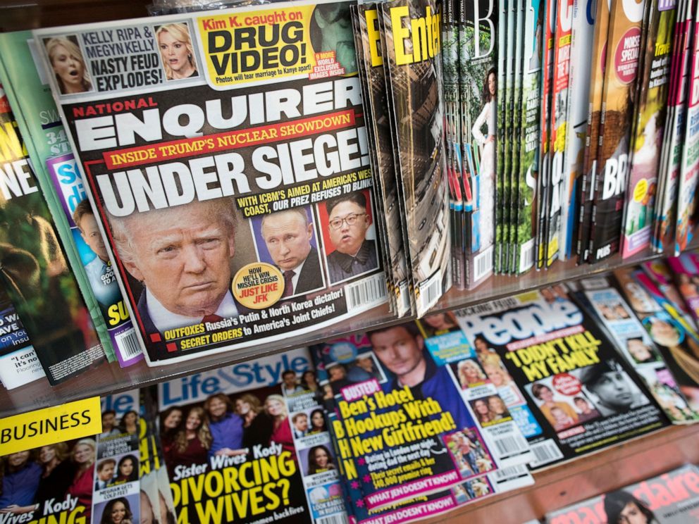 PHOTO: This July 12, 2017 file photo shows an issue of the National Enquirer featuring President Donald Trump on its cover at a store in New York.