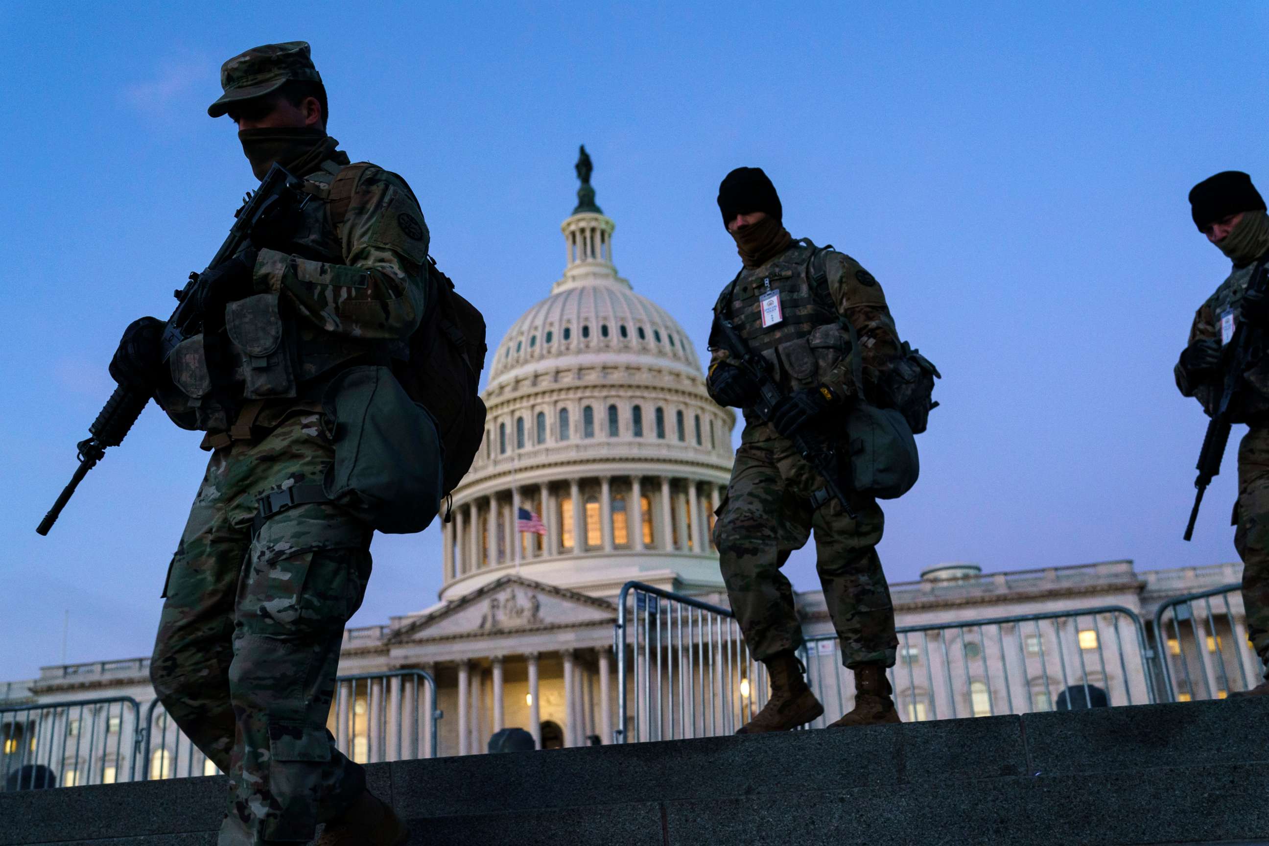 PHOTO: National Guard troops reinforce the security zone on Capitol Hill in Washington, Jan. 19, 2021, before President-elect Joe Biden is sworn in as the 46th president.