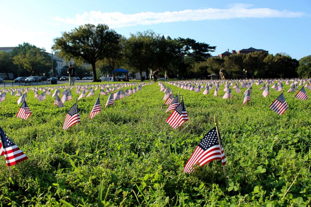 PHOTO: Iraq & Afghanistan Veterans of America, a veterans service organization, placed 5,520 American flags on the grounds of the National Mall to honor every veteran and military suicide that occurred in 2018 so far.