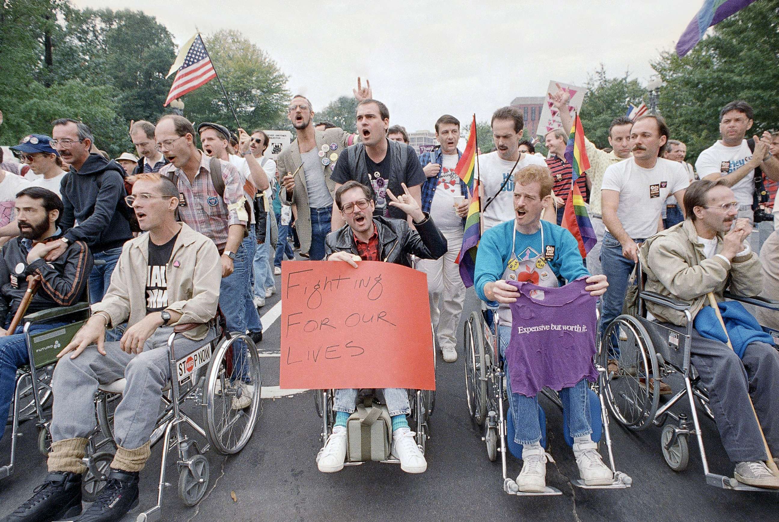 PHOTO: Terminally ill victims of Aids are pushed in wheelchairs as they participate in the National March on Washington for Lesbian and Gay Rights, Oct. 11, 1987. 