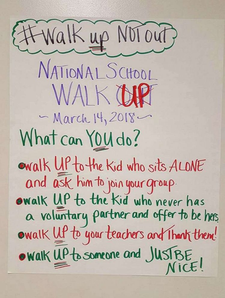 PHOTO: Teacher Jodie Katsetos posted this message to students at Arcadia Middle School in Oak Hall, Va., on March 14, 2018.