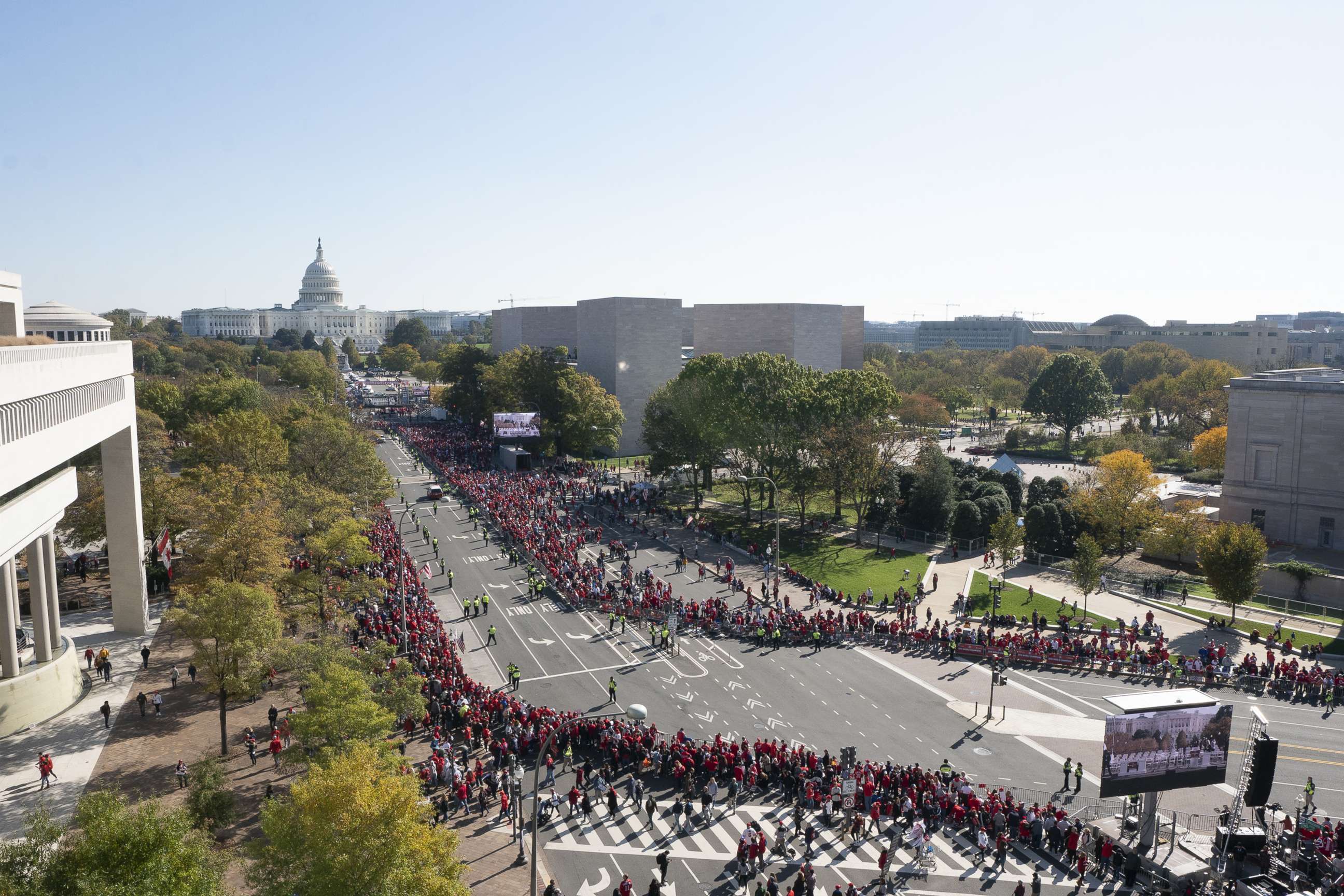 PHOTO: Fans gather as the Washington Nationals hold a parade to celebrate their World Series victory over the Houston Astros on November 2, 2019 in Washington, DC.