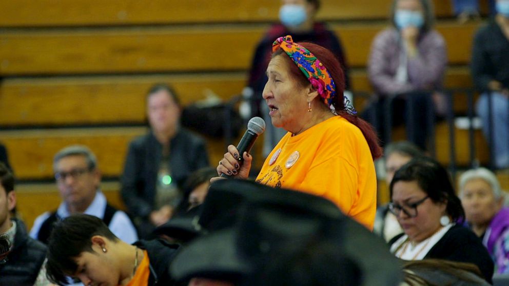 PHOTO: Ruby Left Hand Bull Sanchez speaks at a listening session hosted by Interior Secretary Deb Haaland.