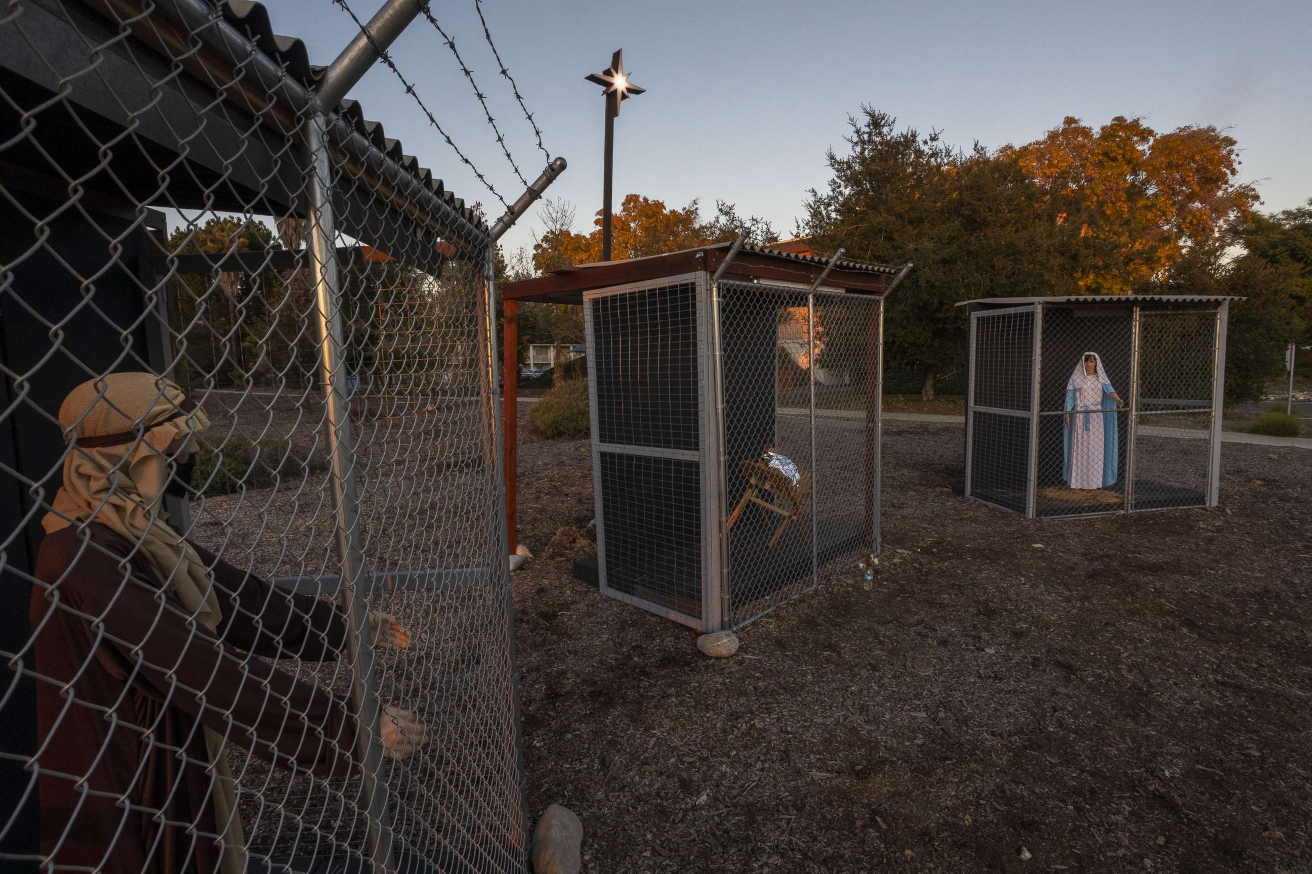 PHOTO: A Christmas nativity scene depicts Jesus, Mary and Joseph separated and caged, as asylum seekers detained by U.S. Immigration and Customs Enforcement, at Claremont United Methodist Church on Dec. 9, 2019, in Claremont, Calif. 