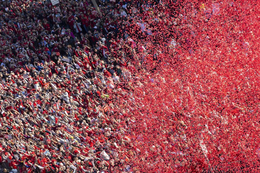 PHOTO: Confetti covers the crowd gathered for the Washington Nationals parade celebrating their World Series victory over the Houston Astros on November 2, 2019 in Washington, DC.