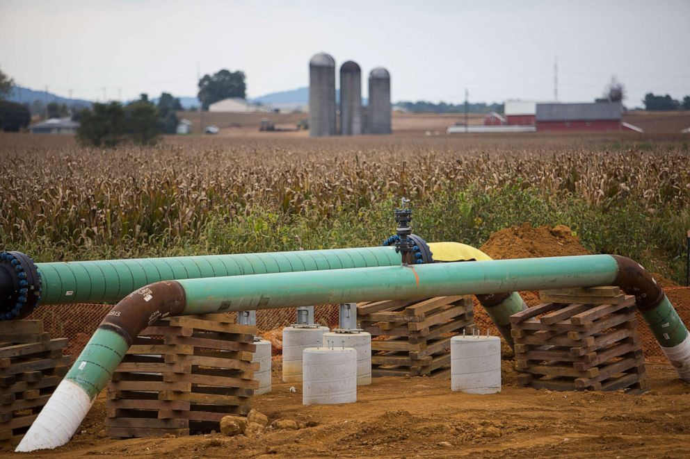 PHOTO: Two new Williams Transco pipelines used for transporting natural gas liquids lie exposed at the edge of a cornfield October 6, 2017, in Lebanon, Penn.