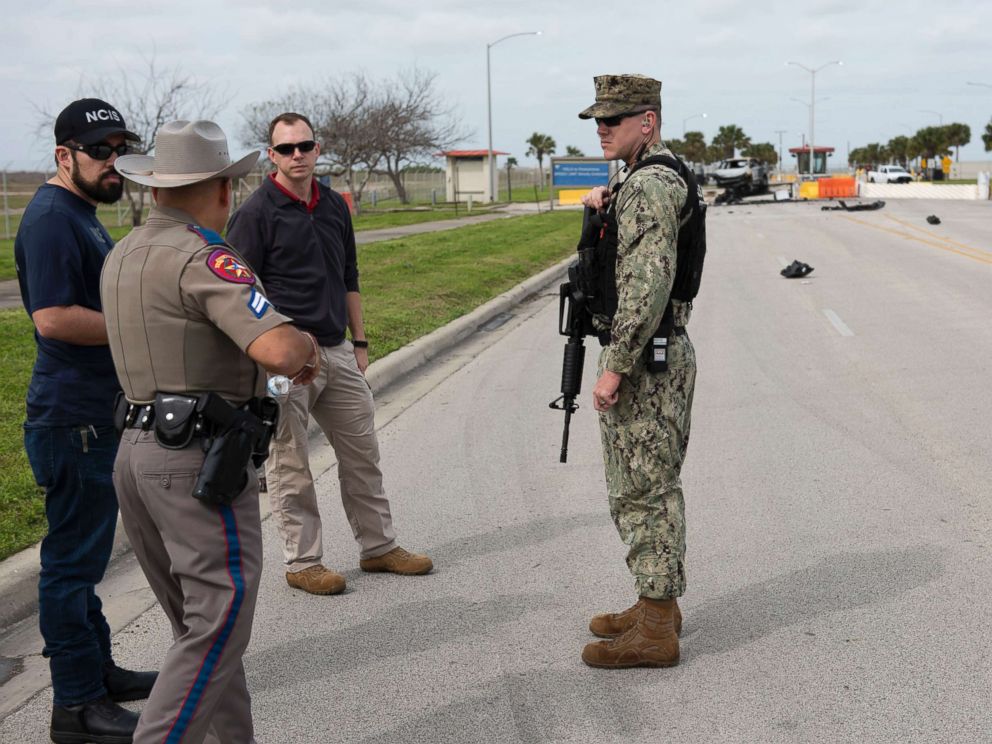 PHOTO: U.S. Navy Security Forces, Naval Criminal Investigative Services, and Texas Department of Public Safety survey the crash scene after a vehicle unlawfully entered the Naval Air Station Corpus Christi base in Texas, Feb. 14, 2019.