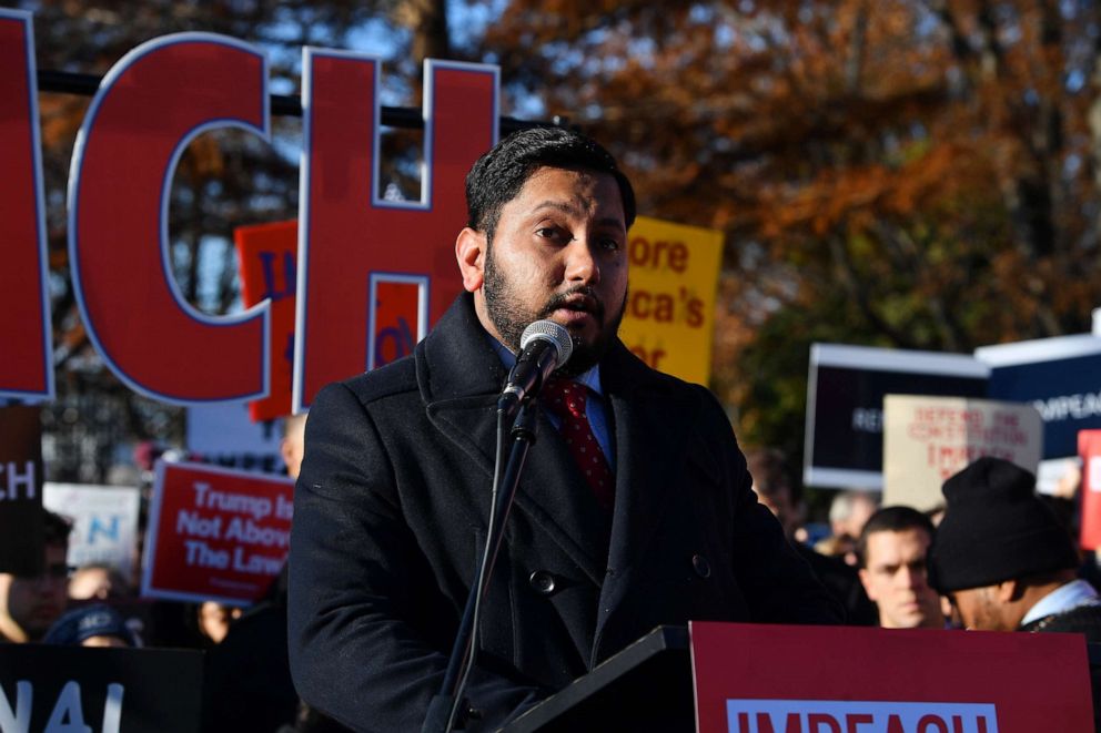 PHOTO: U.S. Army veteran and Government Affairs Coordinator for Common Defense Naveed Shah speaks at an "Impeach and Remove" rally at the U.S. Capitol on Dec. 18, 2019, in Washington, D.C.