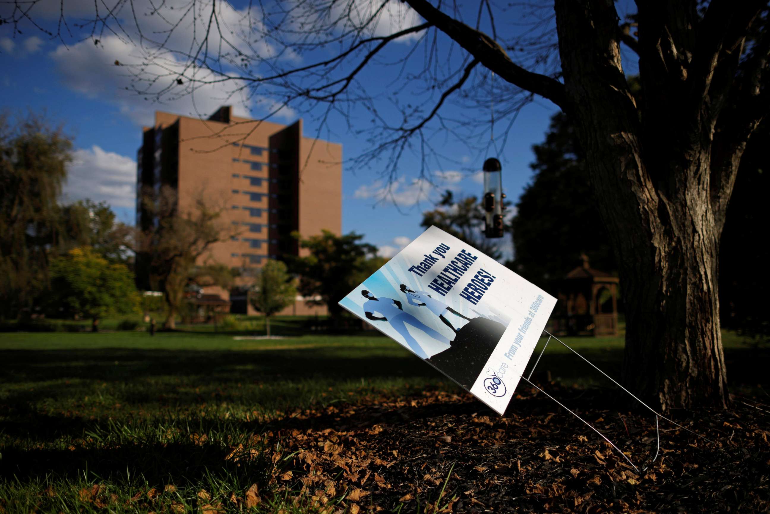 PHOTO: A sign thanking healthcare workers stands outside the Gracedale Nursing Home, which was hard hit by the coronavirus disease (COVID-19) pandemic, in the Northampton County borough of Nazareth, Pennsylvania, U.S., October 2, 2020.  