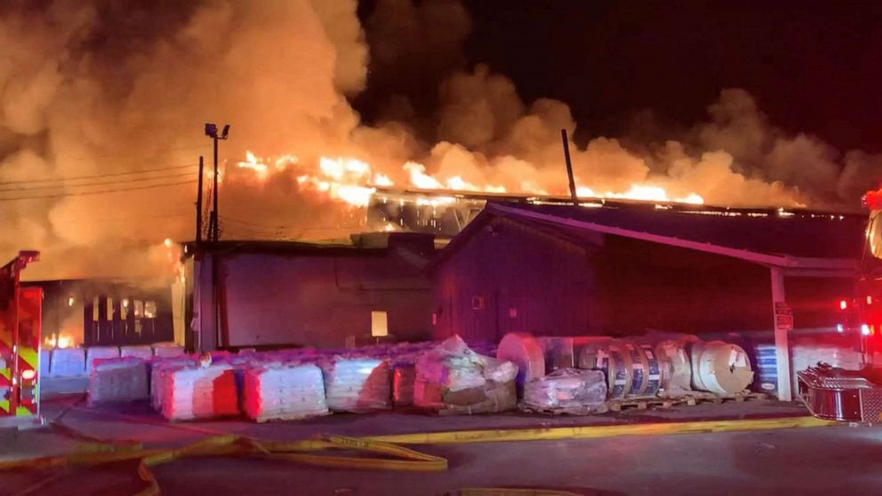 PHOTO: Weaver Fertilizer Plant burns on Cherry Street in Winston-Salem, N.C., Jan. 31, 2022.