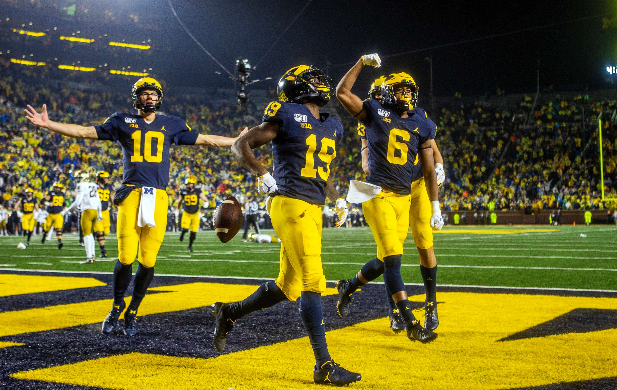 PHOTO: Michigan players celebrate a touchdown in the fourth quarter of an NCAA college football game against Notre Dame in Ann Arbor, Mich., Oct. 26, 2019.