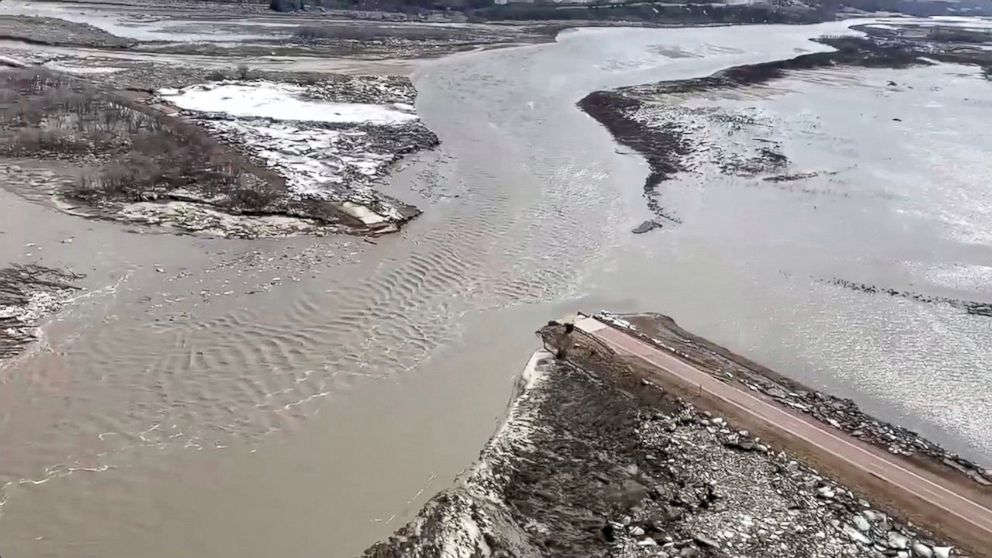 PHOTO: Highway 12 is seen damaged after a storm triggered historic flooding, over Niobrara River, Neb., March 16, 2019.