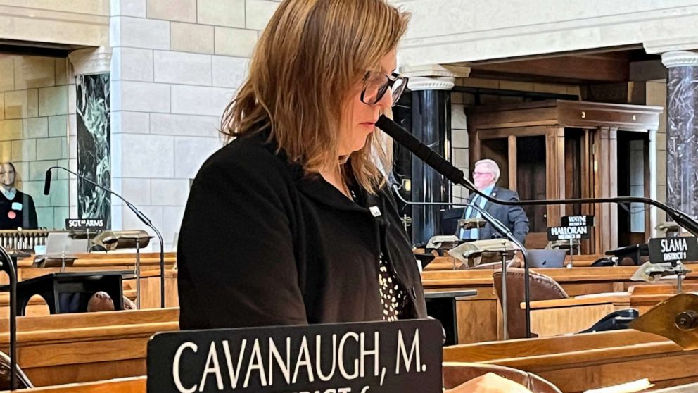 PHOTO: FILE - State Sen. Machaela Cavanaugh speaks before the Nebraska Legislature, March 13, 2023, at the Nebraska State Capital in Lincoln, Neb.