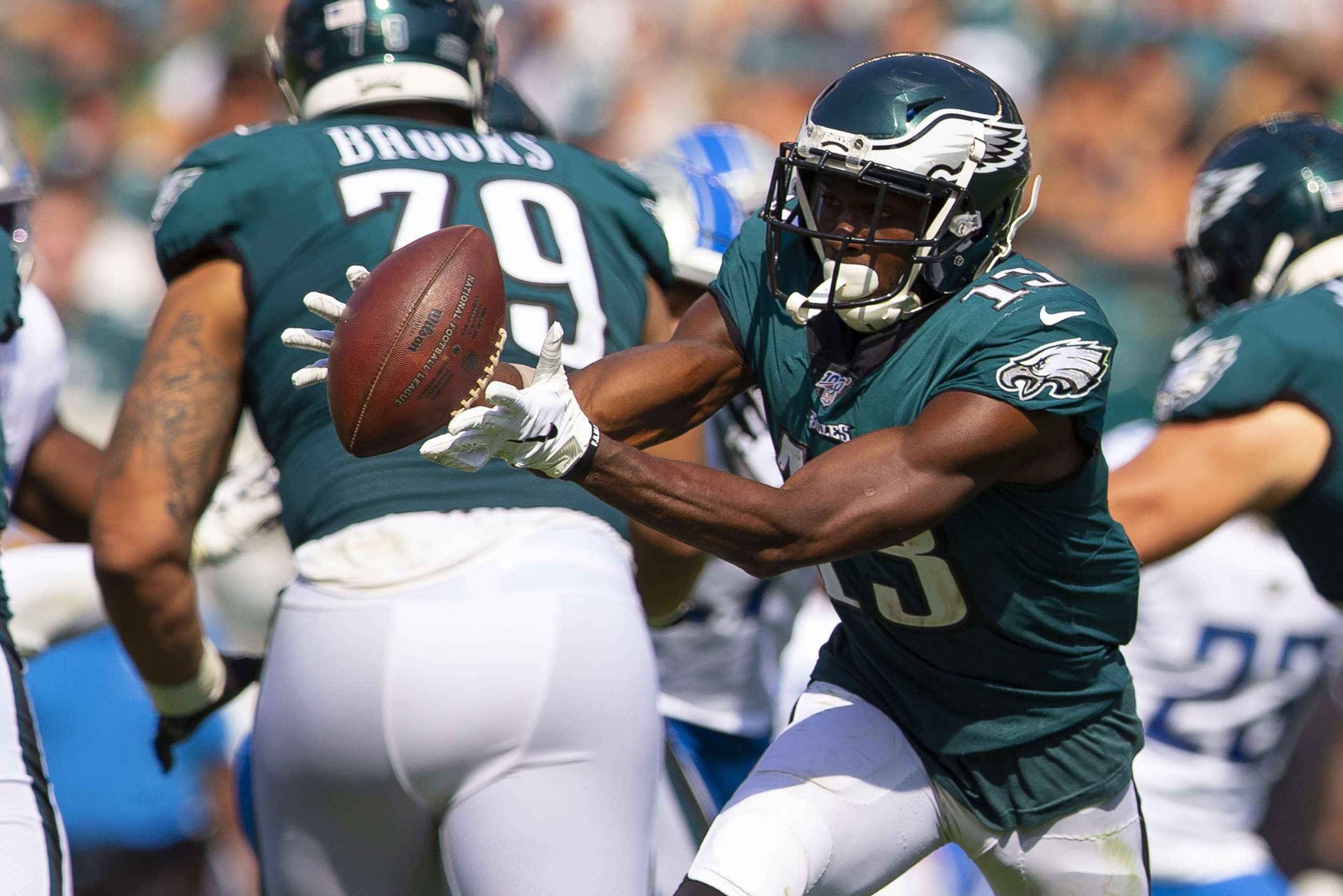 PHOTO: Nelson Agholor #13 of the Philadelphia Eagles catches the ball in the third quarter against the Detroit Lions at Lincoln Financial Field on September 22, 2019, in Philadelphia.