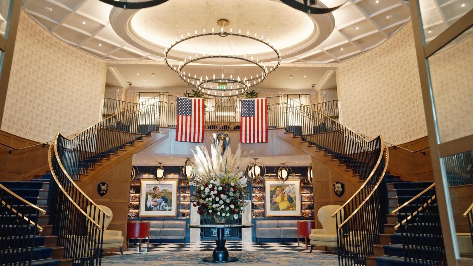 PHOTO: Inside the Grand Lodge at Nemacolin, a property on the list of the Historic Hotels of America by the National Trust for Historic Preservation, decorated for America 250.