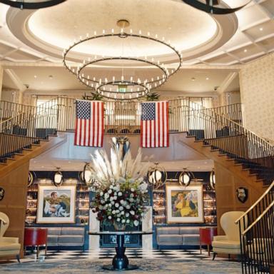 PHOTO: Inside the Grand Lodge at Nemacolin, a property on the list of the Historic Hotels of America by the National Trust for Historic Preservation, decorated for America 250.