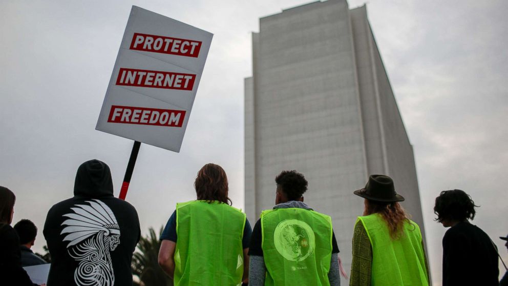 Supporters of Net Neutrality protest the FCC's recent decision in Los Angeles, Nov, 28, 2017.