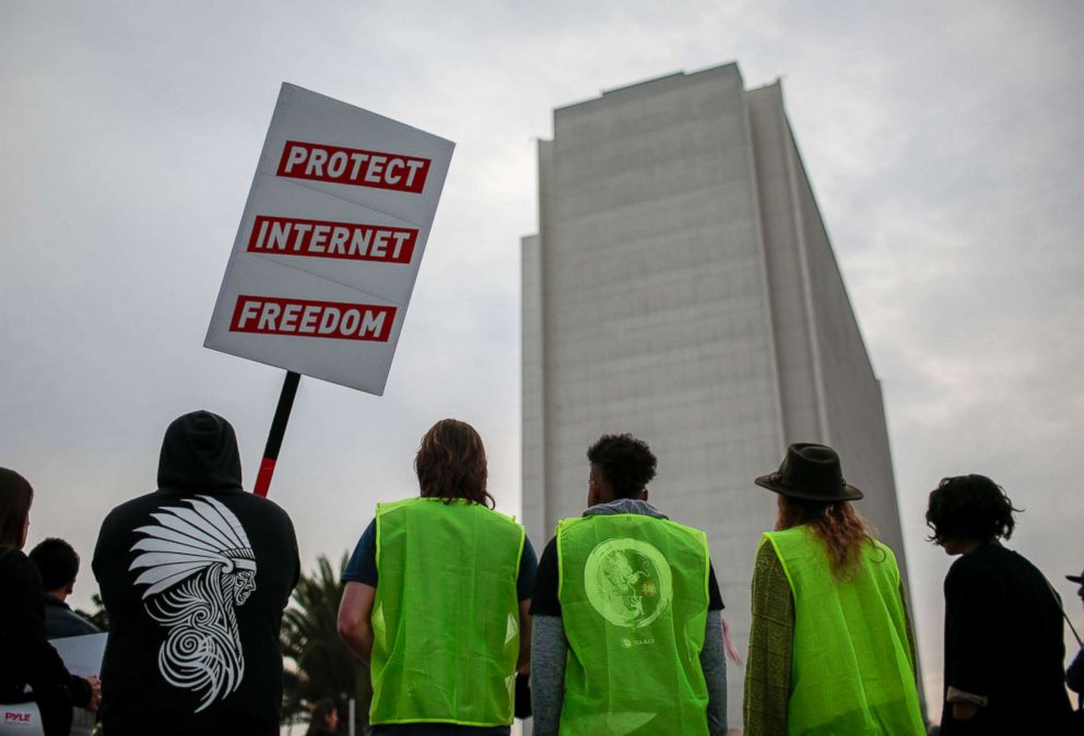 PHOTO: Supporters of Net Neutrality protest the FCC's recent decision in Los Angeles, Nov, 28, 2017.