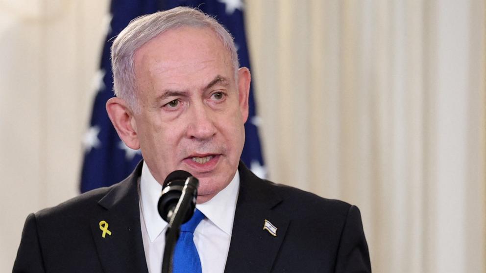 PHOTO: Israeli Prime Minister Benjamin Netanyahu speaks during a joint press conference with President Donald Trump (not pictured) in the State Dining Room at the White House in Washington, September 29, 2025. 