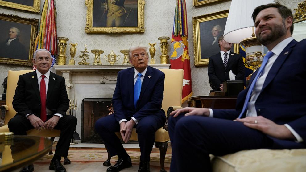 PHOTO: President Donald Trump and Vice President JD Vance meet Israeli Prime Minister Benjamin Netanyahu at the White House in Washington, Feb. 4, 2025. 