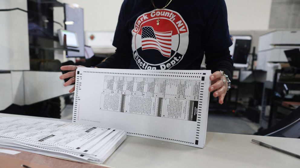 PHOTO: A worker sorts through ballots in the delayed processing at the Clark County Election Department for the Nevada midterm elections in Las Vegas, Nov. 9, 2022.