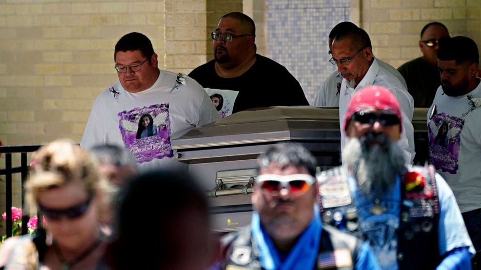 PHOTO: Pallbearers carry the casket of Nevaeh Bravo during a funeral service at Sacred Heart Catholic Church, Thursday, June 2, 2022, in Uvalde, Texas.