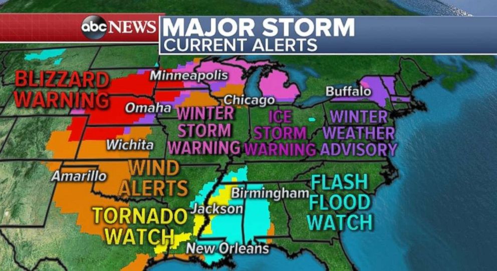 Tornado and flash flood alerts are in place in the South, while blizzard and winter storm warnings cover the northern U.S.