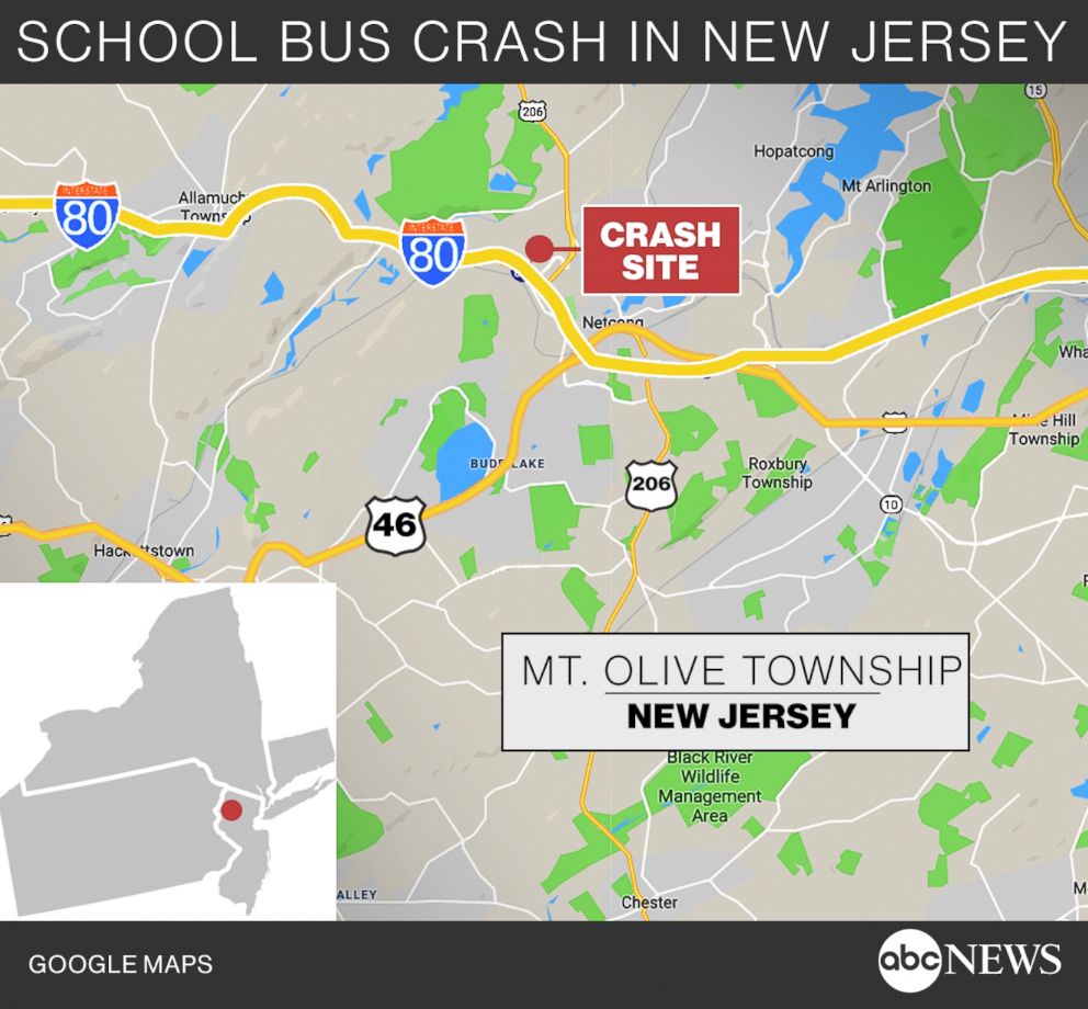 PHOTO: A locator map shows the location of a fatal school bus crash in Mt. Olive Township, N.J., May 17, 2018.