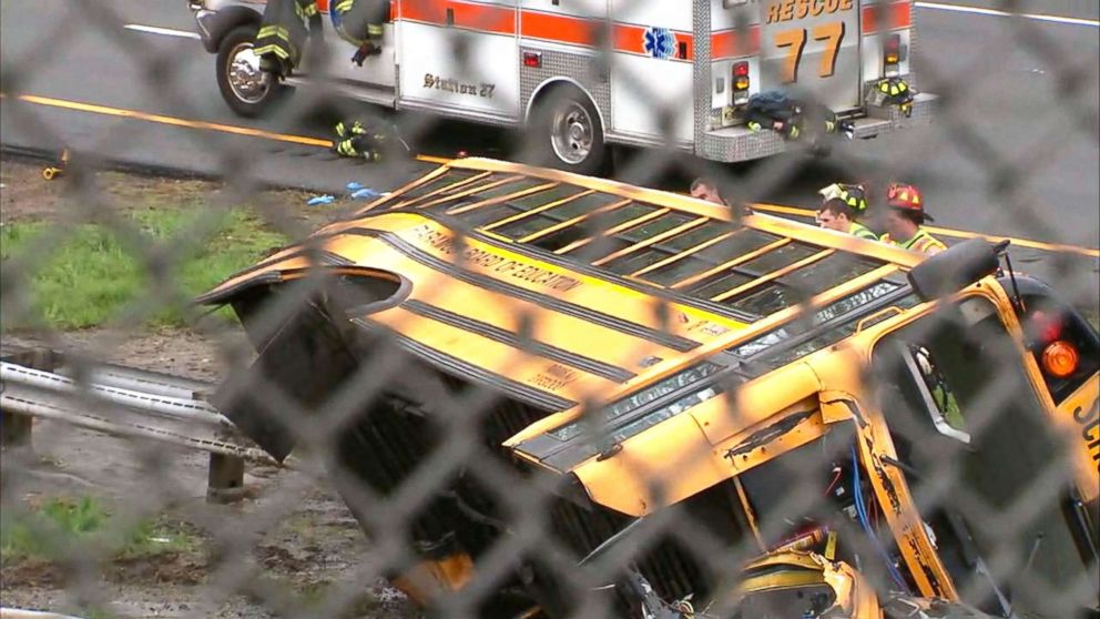 PHOTO: Emergency crews respond to the scene where a school bus collided with a dump truck near Mount Olive Township, N.J., May, 17, 2018.