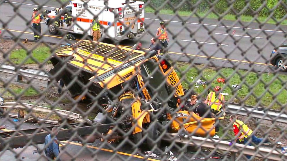 PHOTO: Emergency crews respond to the scene where a school bus collided with a dump truck near Mount Olive Township, N.J., May, 17, 2018.
