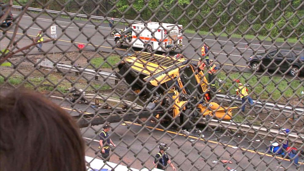 PHOTO: Emergency crews respond to the scene where a school bus collided with a dump truck near Mount Olive Township, N.J., May, 17, 2018.