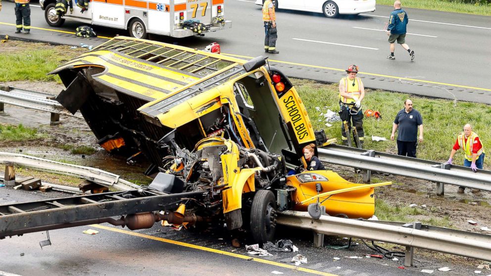 crash bus school dump jersey driver truck old highway after year reported nj paramus deadly slams off charged graders 5th