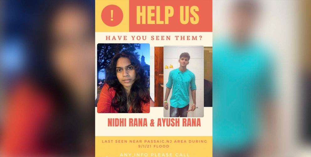 PHOTO: A missing persons flyer shows Nidhi Rana and Ayush Rana who went missing and are being searched for in the Passaic River in New Jersey.