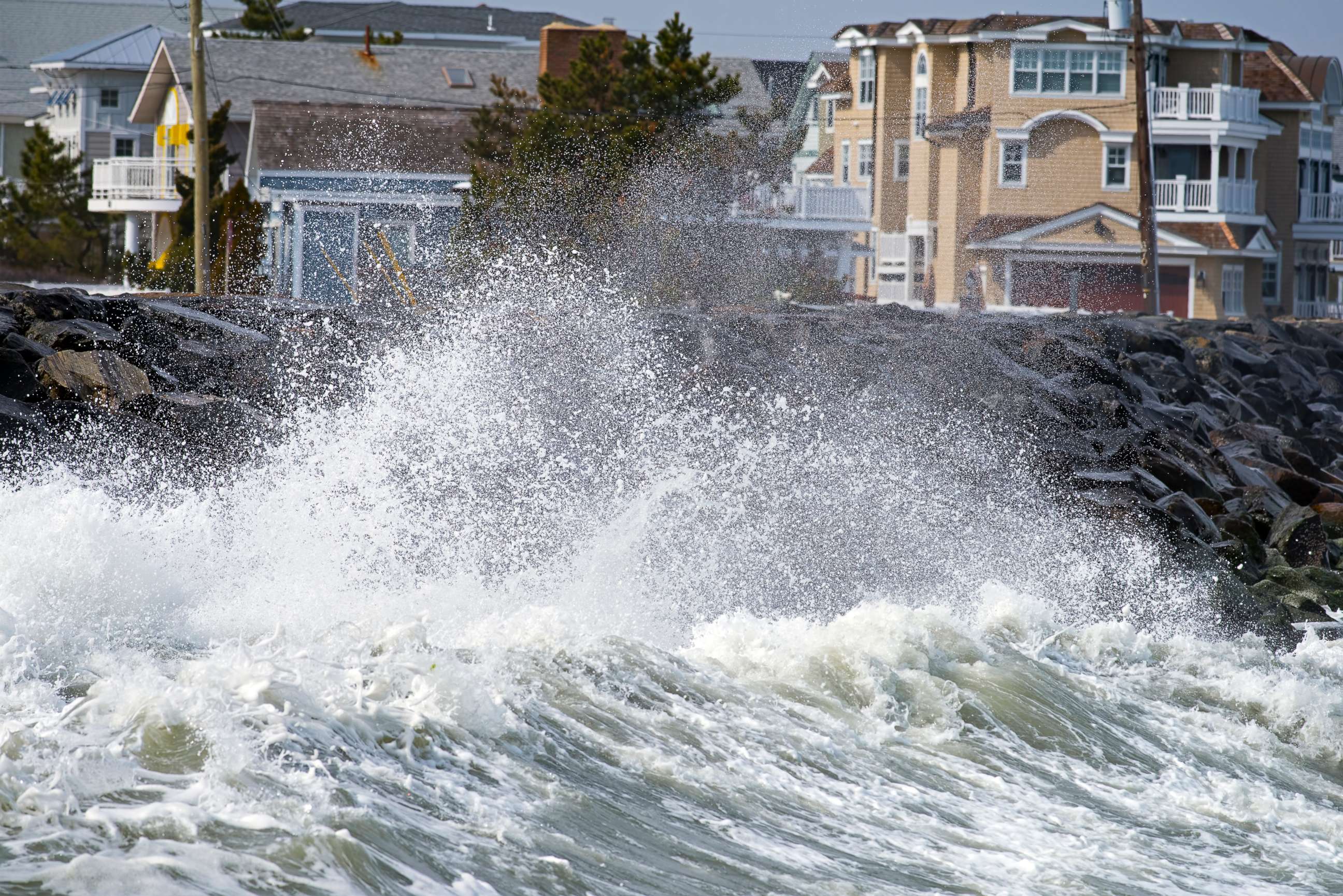 PHOTO: In this undated stock photo, waves crash against the seawall in Avalon, N.J.