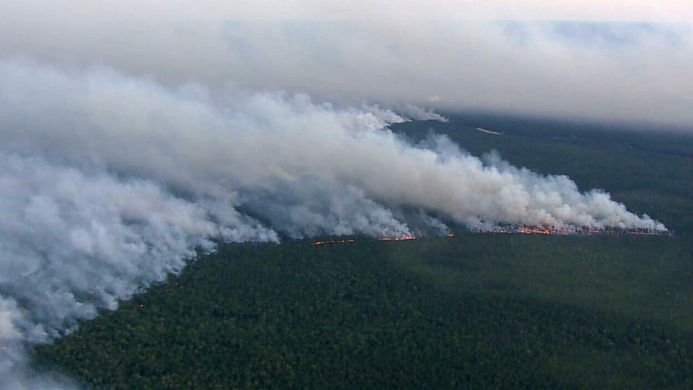 PHOTO: In this screen grab from a video, a wildfire burns in Wharton State Forest in Burlington County, N.J., on June 19, 2022.