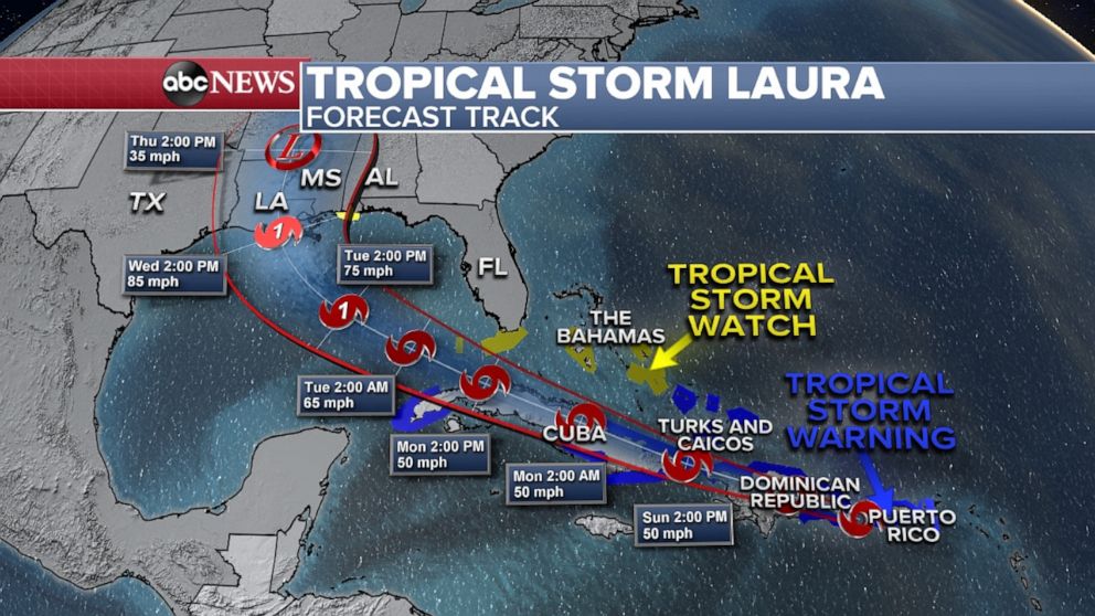 PHOTO: Tropical Storm Laura appears to be targeting the U.S. Gulf Coast as a Category 1 hurricane.