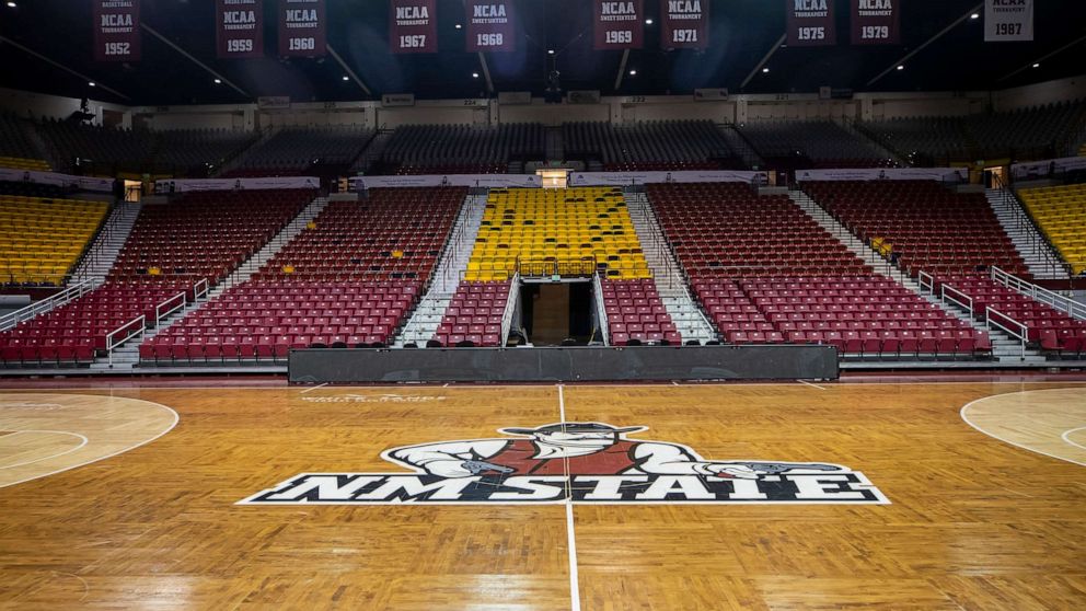 PHOTO: The basketball court of the Pan American Center at New Mexico State University is seen Feb. 15, 2023, in Las Cruces, N.M.