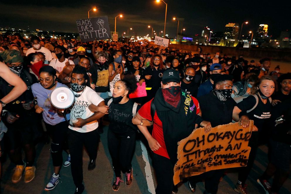 PHOTO: Protesters take over the Crescent City Connection bridge, which spans the Mississippi River in New Orleans, Wednesday, June 3, 2020, during a protest over the death of George Floyd.